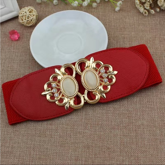 Elastic Leather Gemstone Wide Fashion Belt - Picture 1 of 8